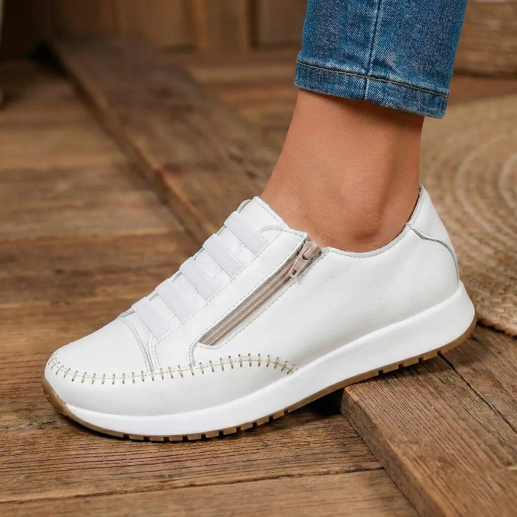 Tênis Feminino Couro Legitimo Ajuste Elástico Zíper Lateral Bella Dama