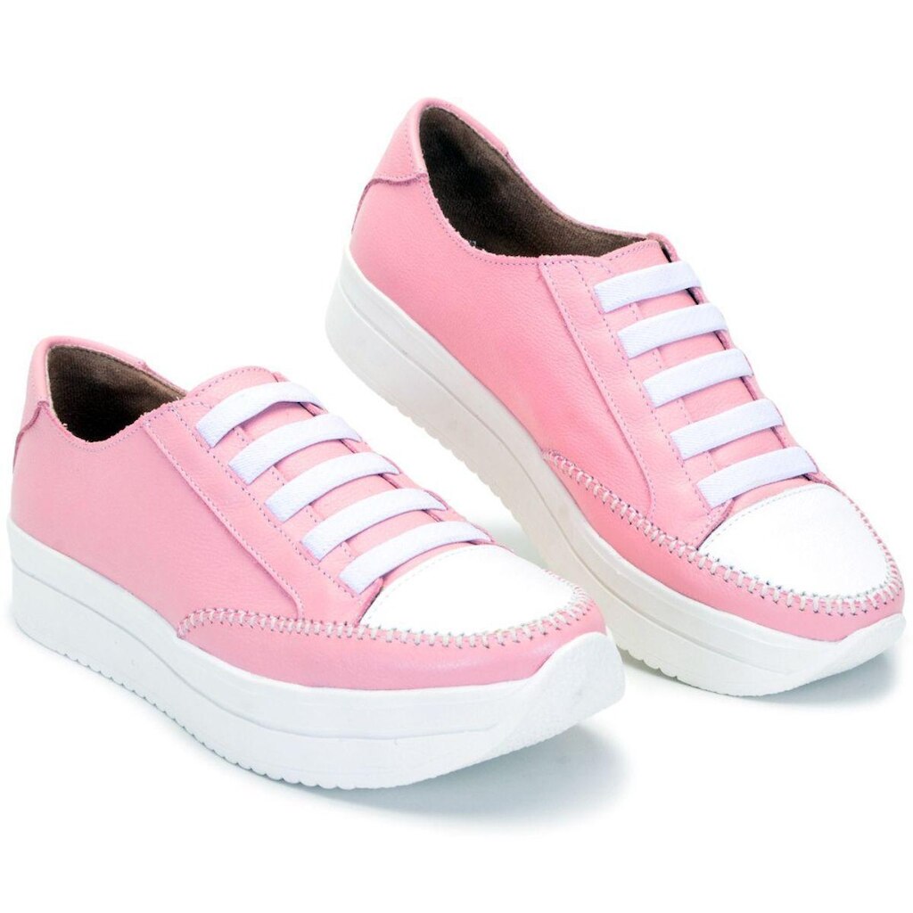 Tênis  Feminino Rosa e Branco Couro Legítimo Ajuste Elástico
