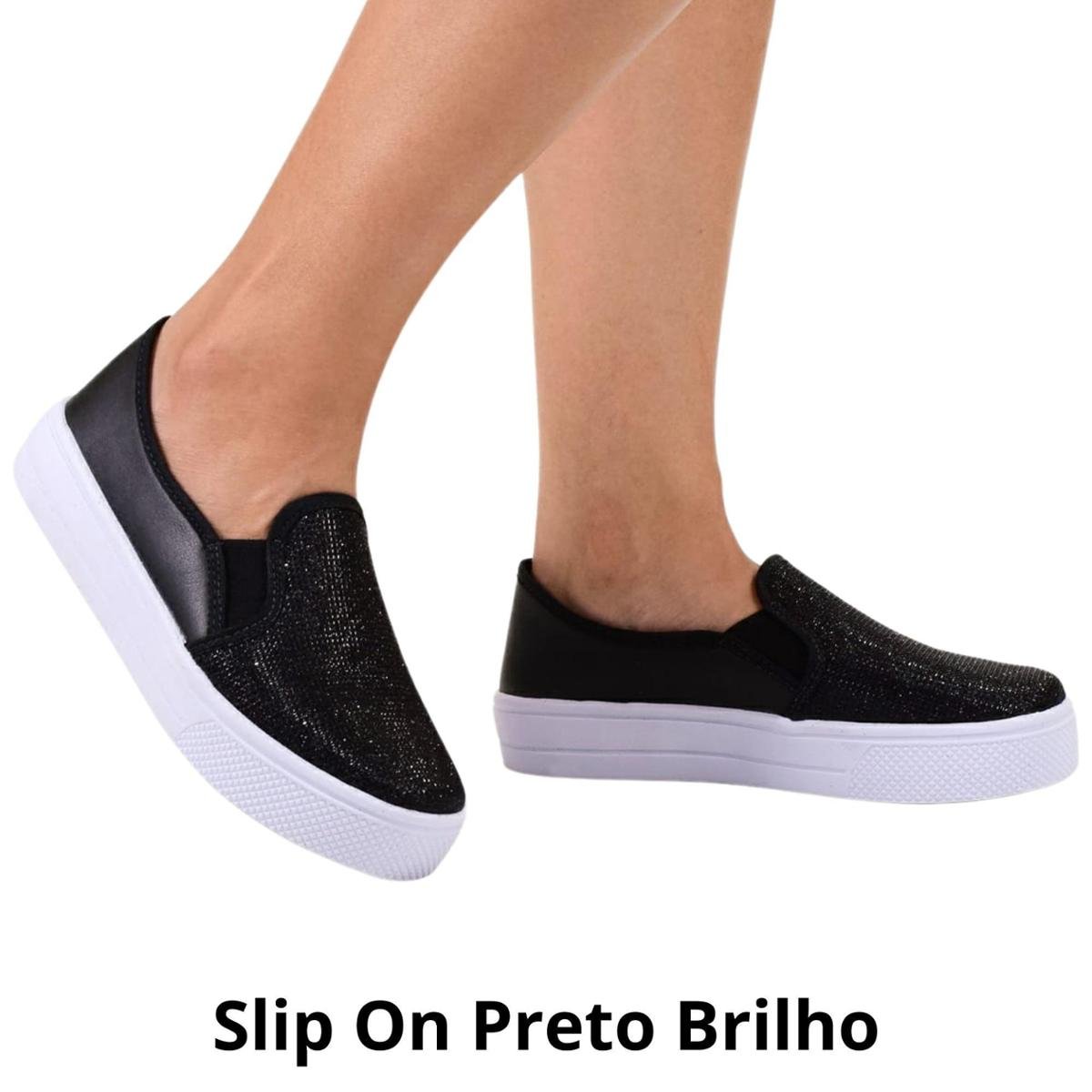 Slip Tenis Preto Brilhante Tenis Feminino Slip On Feminina Brilho - Main Image