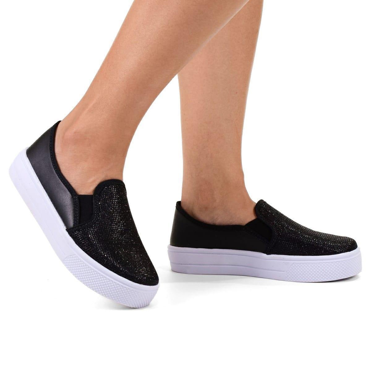 Tênis feminino Slip on feminino brilho sapato glitter preto brilho