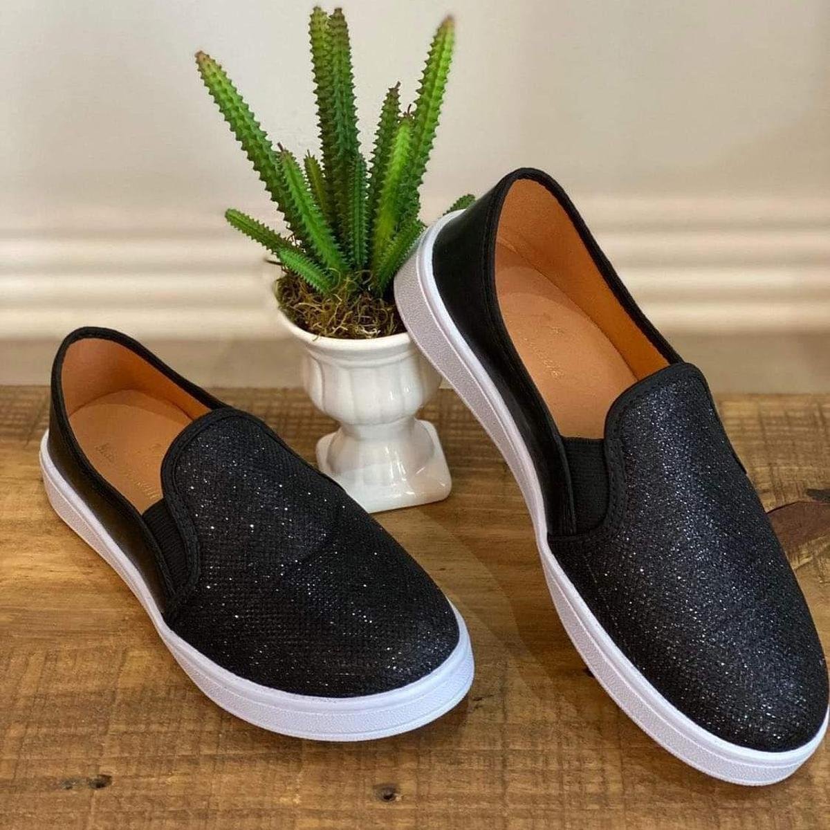tenis feminino slip on sapatilha preto brilho Zattini