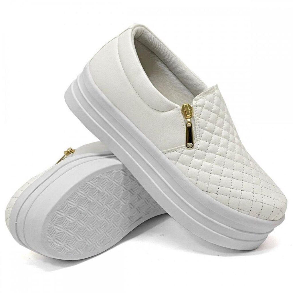 Tênis Feminino Slip On Sola Alta Calce Fácil Zíper Lateral