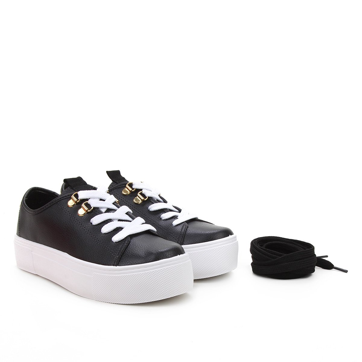 Tênis Flatform Moleca Básico Feminino - Preto+Dourado Menor preço em Tênis Flatform Moleca Básico Feminino - Preto+Dourado