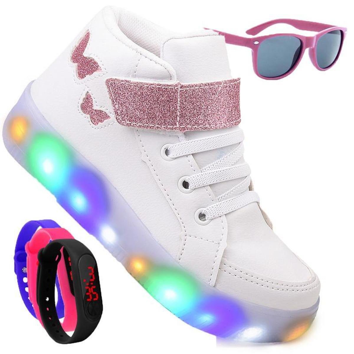 Tenis Infantil De Led Botinha Borboleta Meninas Feminino Brilhante + Oculos Relogio Menor preço em Tenis Infantil De Led Botinha Borboleta Meninas Feminino Brilhante + Oculos Relogio