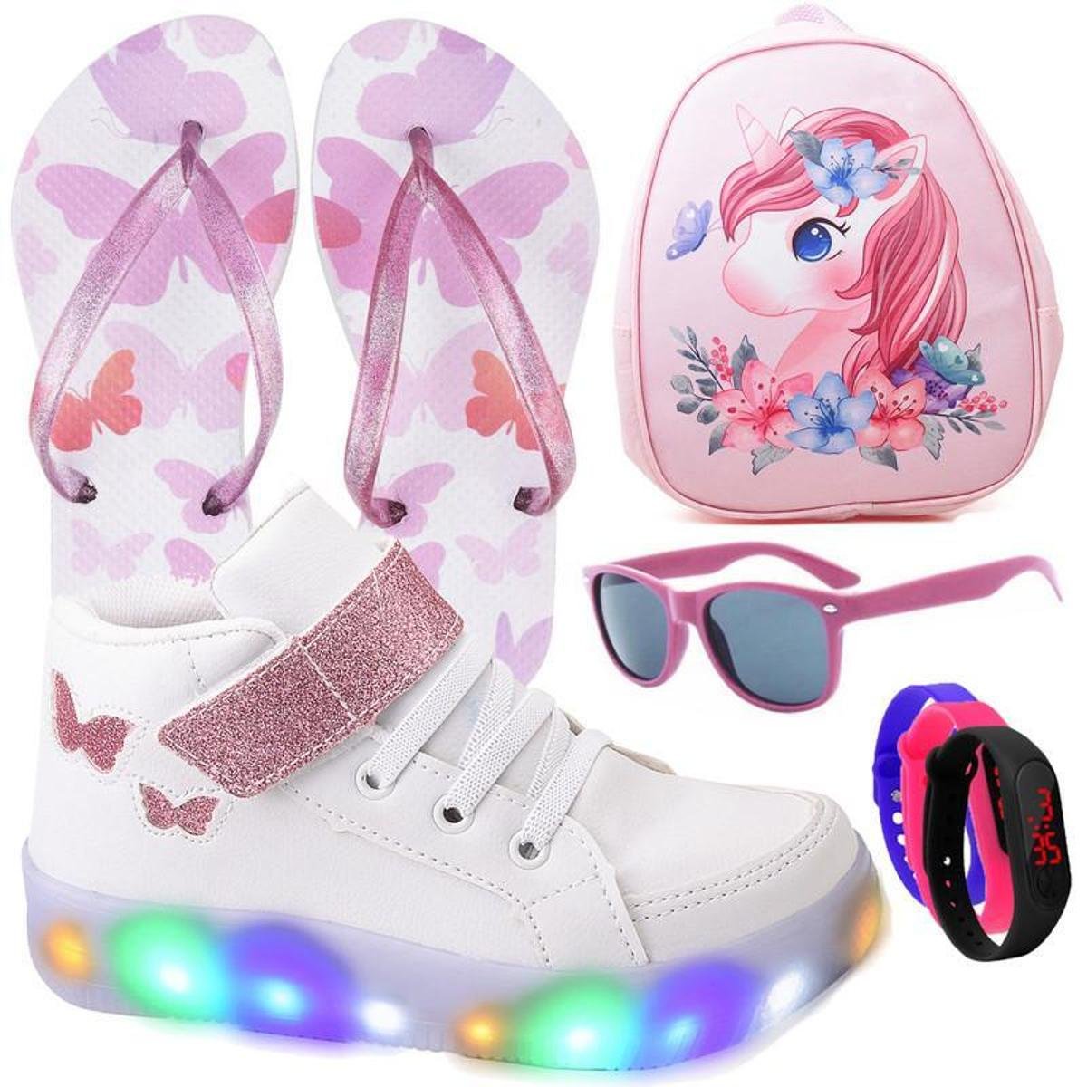 Tenis Infantil De Led Botinha Borboleta Meninas Feminino + Mochila Chinelo Oculos Relogio Menor preço em Tenis Infantil De Led Botinha Borboleta Meninas Feminino + Mochila Chinelo Oculos Relogio