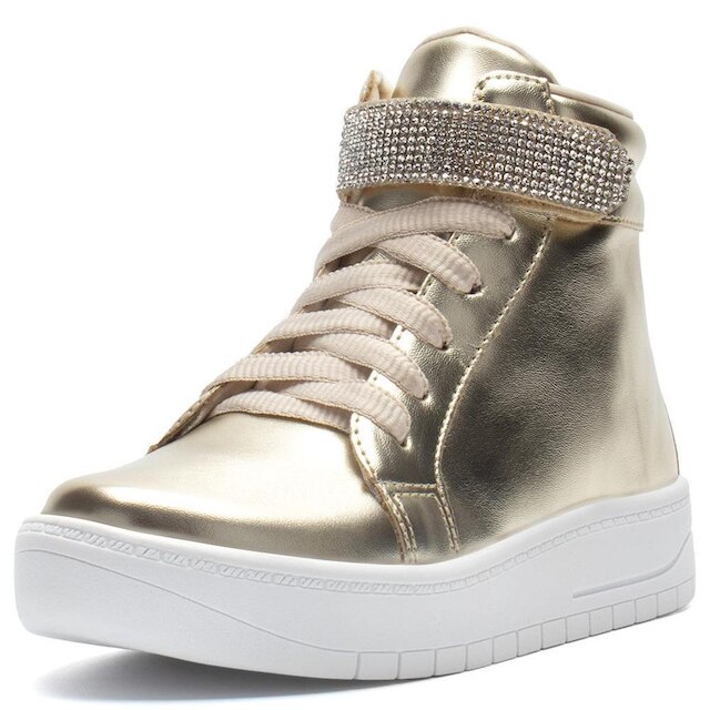 Tênis Infantil Feminino Casual De Cano Alto Com Tira De Strass Brilhante