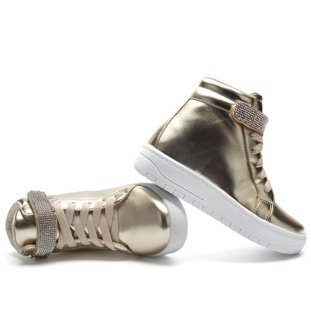 Tênis Infantil Feminino Casual De Cano Alto Com Tira De Strass Brilhante