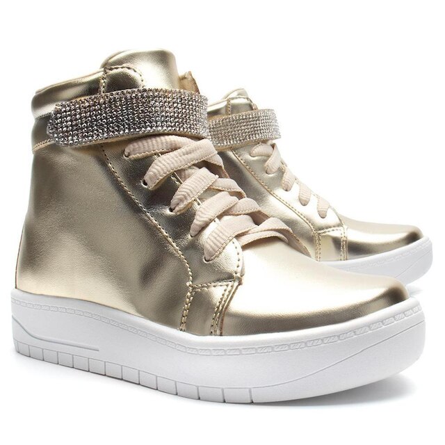 Tênis Infantil Feminino Casual De Cano Alto Com Tira De Strass Brilhante