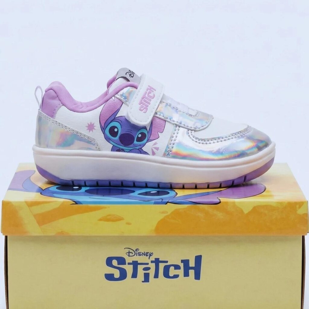 Tênis Infantil Feminino Disney Stitch Branco e Lilás Cano Baixo Casual