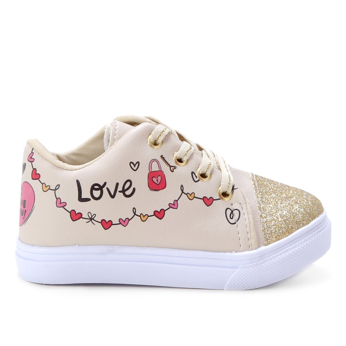 Tênis Infantil Kurz Love Glitter Feminino - Bege Menor preço em Tênis Infantil Kurz Love Glitter Feminino - Bege