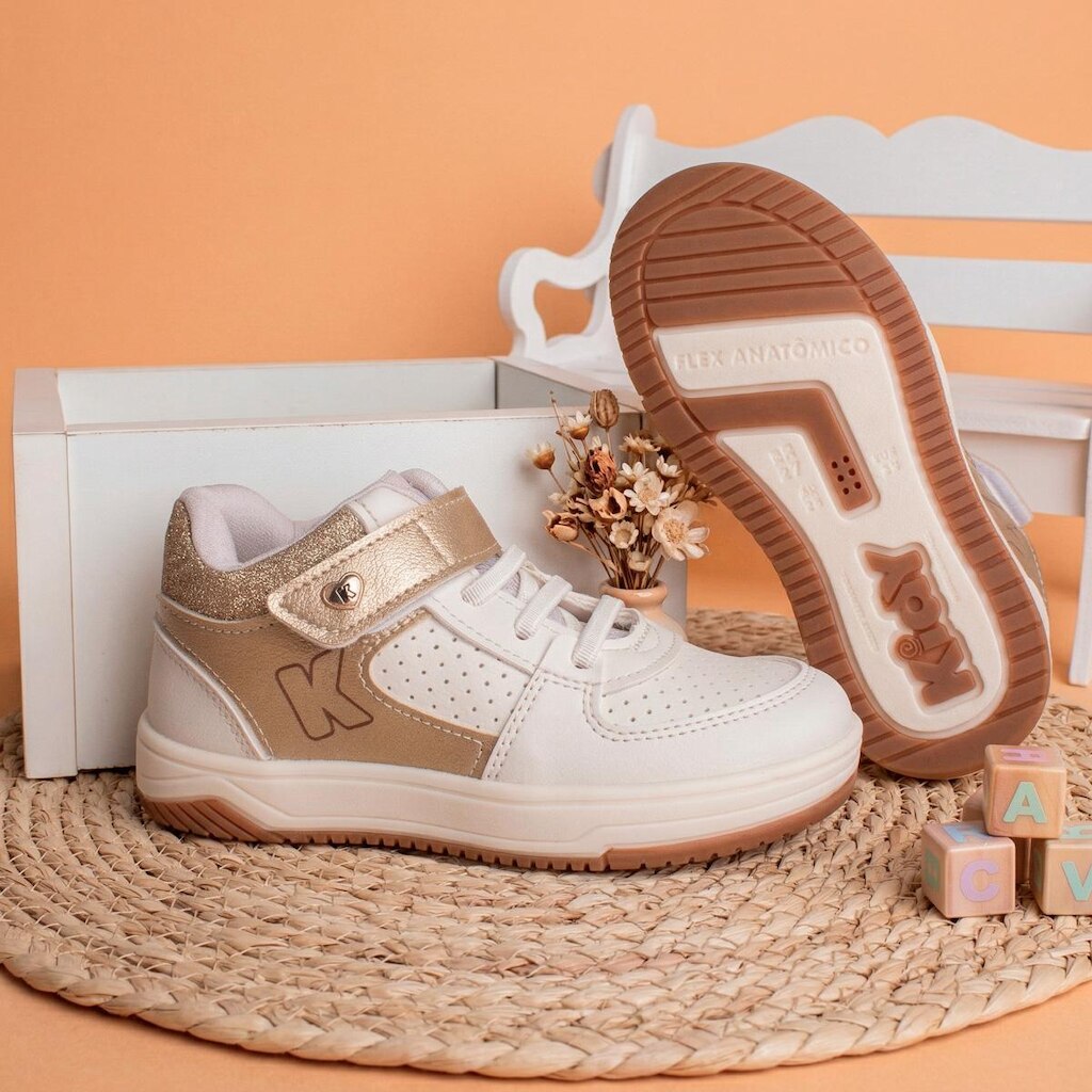 Tênis Infantil Menina Kidy Happy Off White com Glitter Dourado Velcro