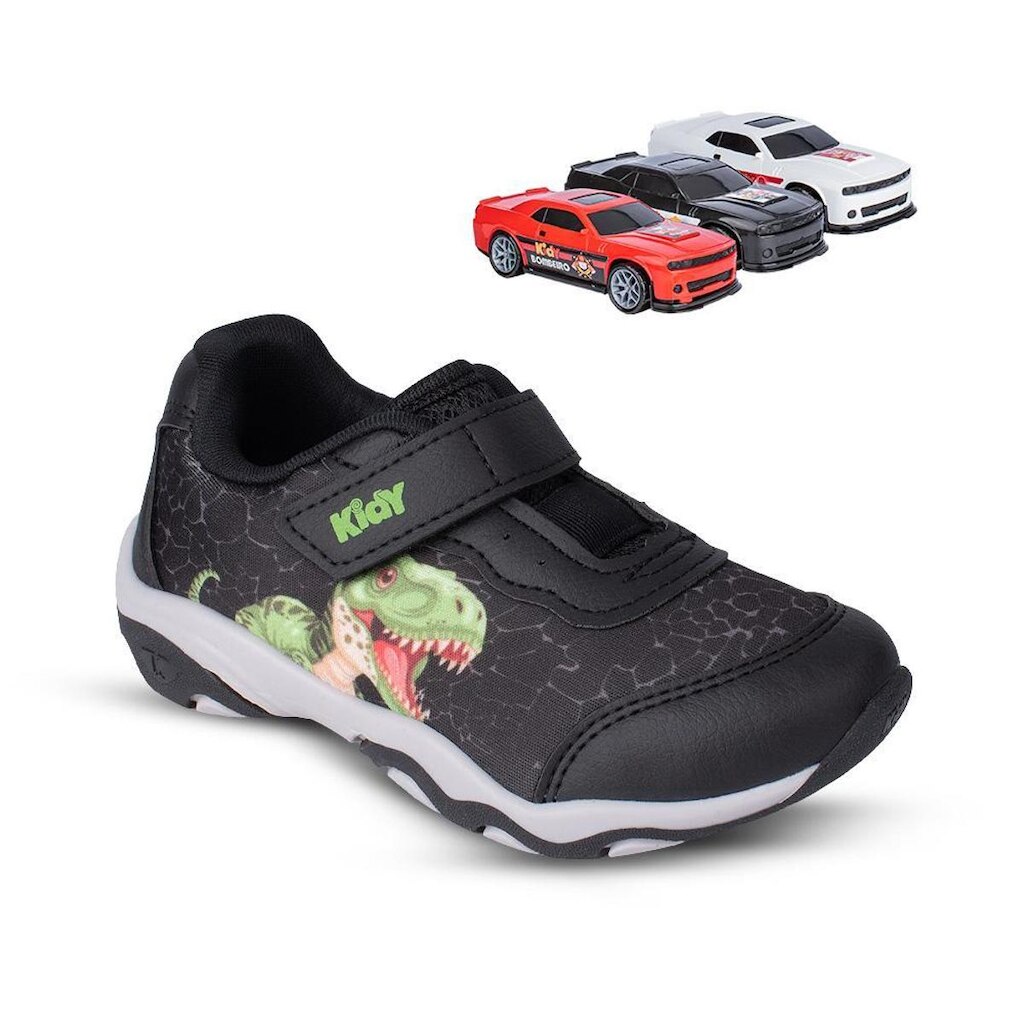 Tênis Infantil Menino Kidy Play Respitec Preto Verde Dinossauro Confortável Carrinho