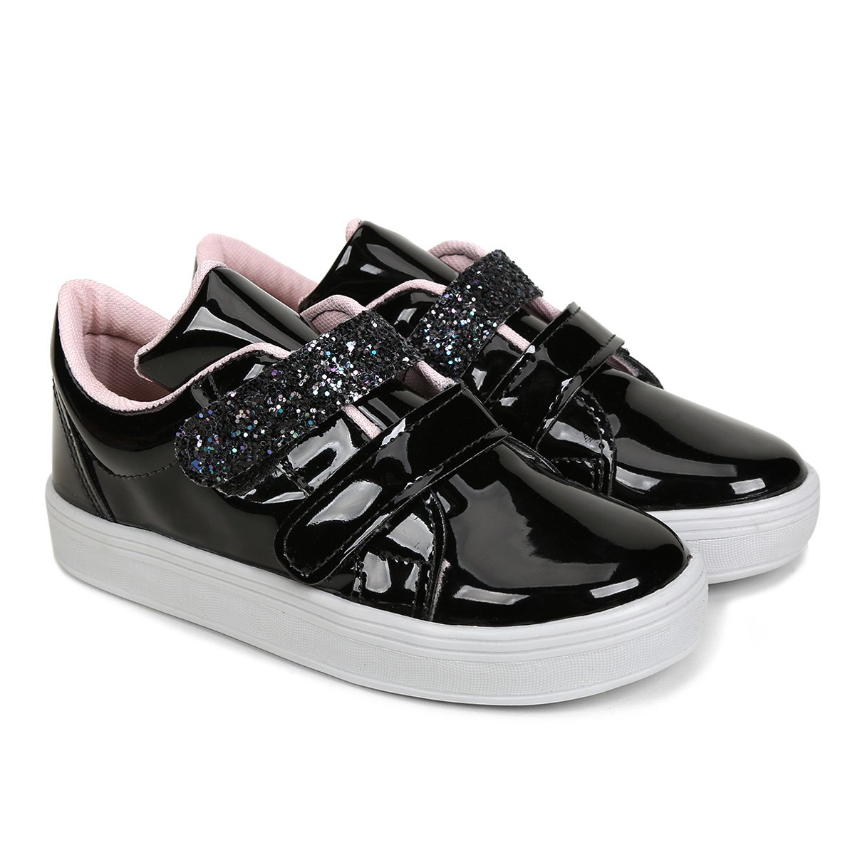 Tênis Infantil Tininha Vinil Tira Glitter Feminino - Preto+Rosa Menor preço em Tênis Infantil Tininha Vinil Tira Glitter Feminino - Preto+Rosa