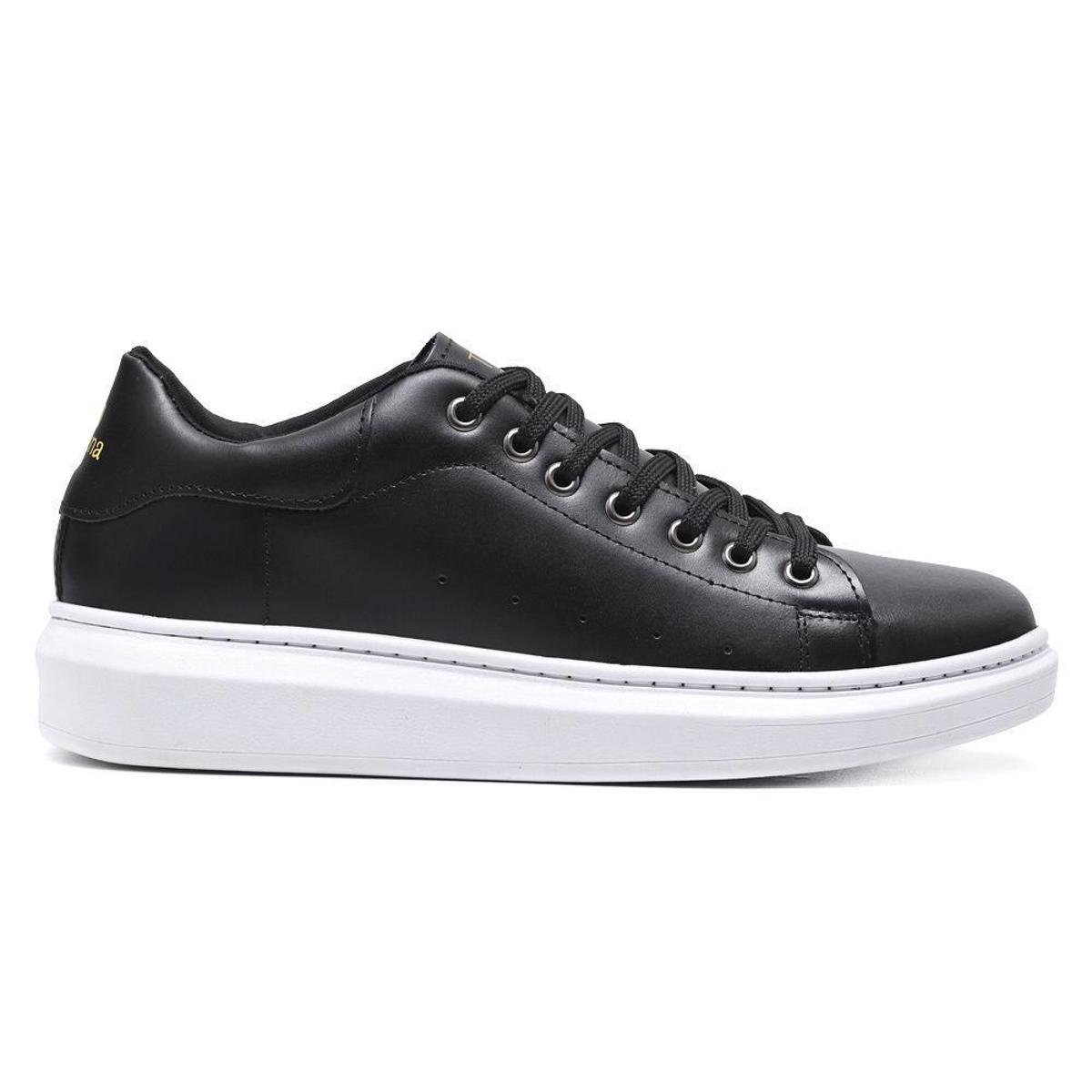 Tenis Masculino Casual de Couro - Black - Preto+Branco Menor preço em Tenis Masculino Casual de Couro - Black - Preto+Branco