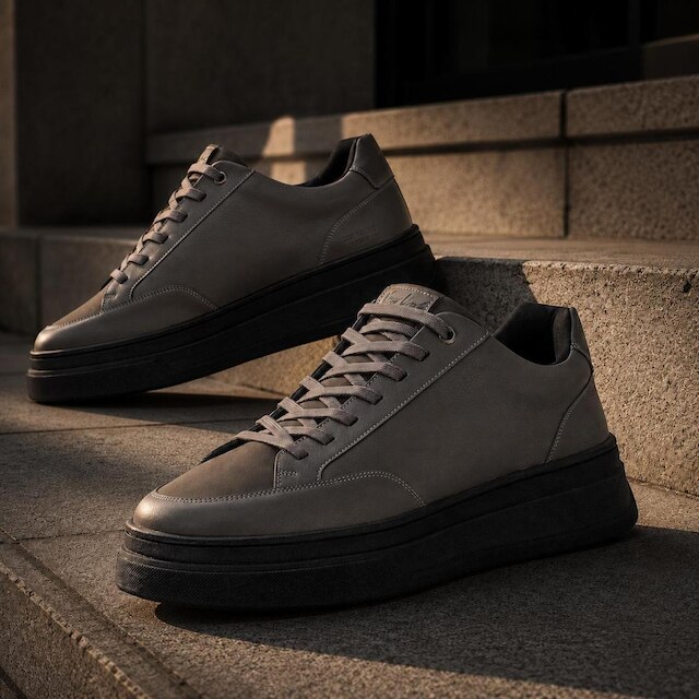 Tênis Masculino Casual Street Sneaker Urbano Sola Alta Robusto Grande Cinza Couro Sintético Premium