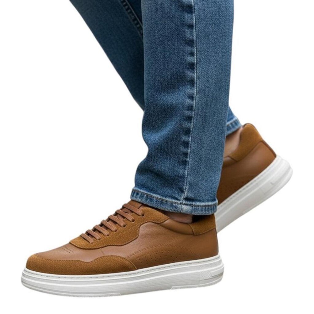 Tênis Masculino Couro Legítimo Camurça Cadarço Casual