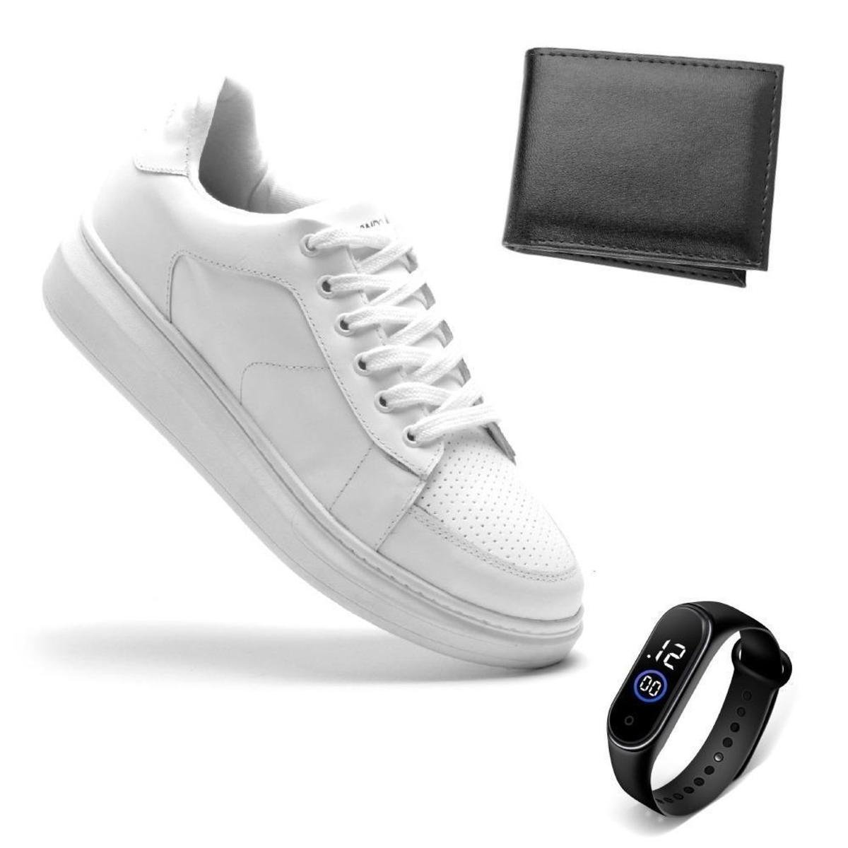 Tênis Masculino em Couro Confortável Casual Basico + Relógio + Carteira Menor preço em Tênis Masculino em Couro Confortável Casual Basico + Relógio + Carteira