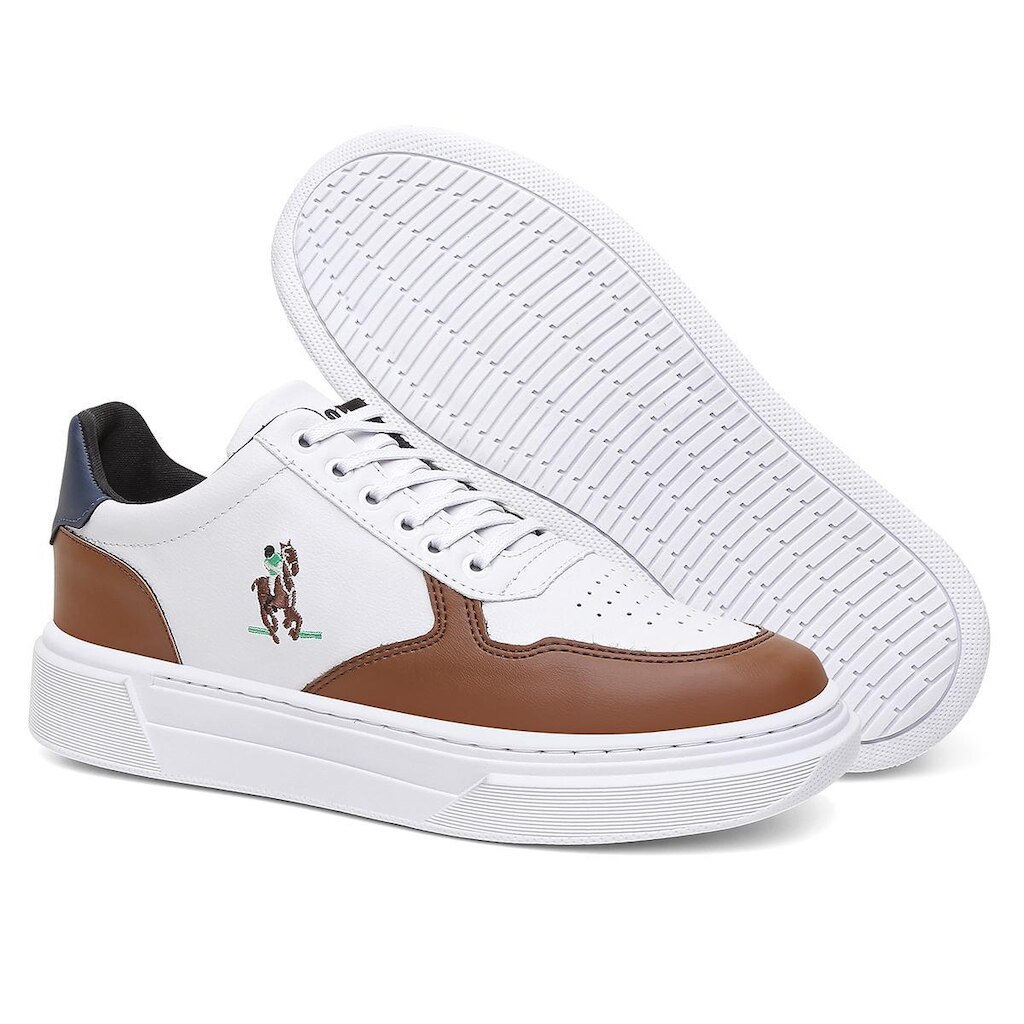 Tênis Masculino Polo Casual Couro Sintético Sola Alta Plataforma 3cm