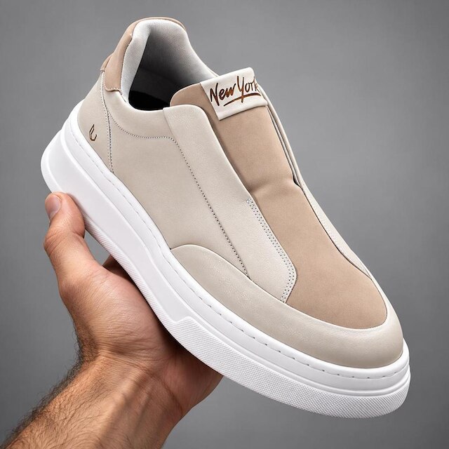 Tênis Masculino Slip On Mule Casual Street Sola Alta Robusto Grande Off White Couro Sintético Premiu