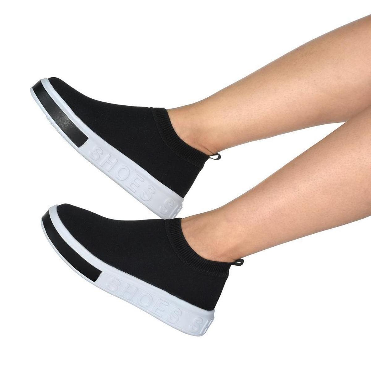 Tênis Meia Feminino Preto Leve Confortável Sola Alta Slip On Calce Fácil  Sola Leve | Todamulher.com.br