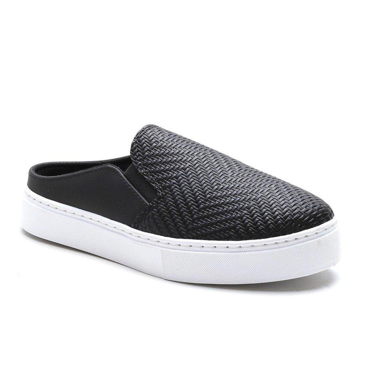 Tenis Mule Slip On Feminino Detalhado Textura Conforto - Preto Menor preço em Tenis Mule Slip On Feminino Detalhado Textura Conforto - Preto