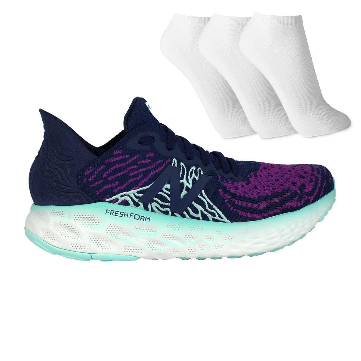 Tenis New Balance 1080 V10 + 3 Pares De Meia Feminino - Roxo+Verde Menor preço em Tenis New Balance 1080 V10 + 3 Pares De Meia Feminino - Roxo+Verde