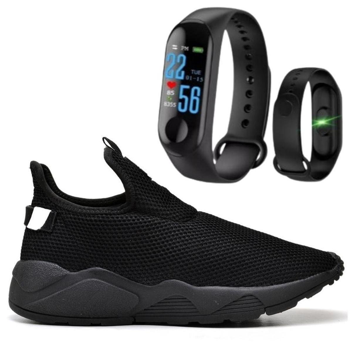 Tênis Nylon Caminhada Macio Confortável Fitness Academia + Pulseira Inteligente M3 - Preto Menor preço em Tênis Nylon Caminhada Macio Confortável Fitness Academia + Pulseira Inteligente M3 - Preto