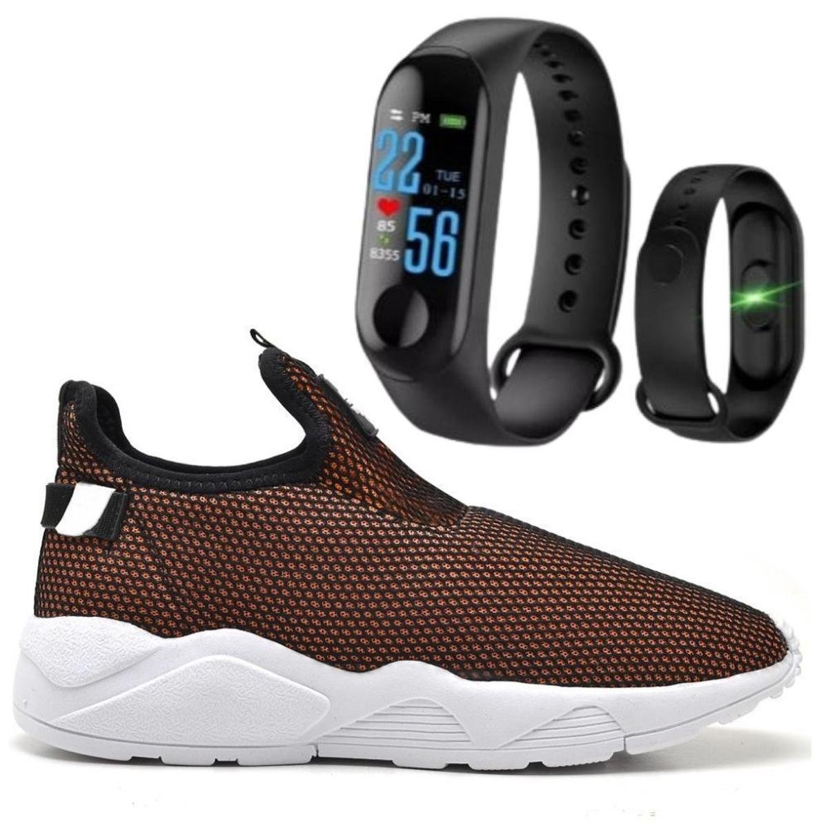 Tênis Nylon Caminhada Macio Confortável Fitness Academia + Pulseira Inteligente M3 - Laranja Menor preço em Tênis Nylon Caminhada Macio Confortável Fitness Academia + Pulseira Inteligente M3 - Laranja