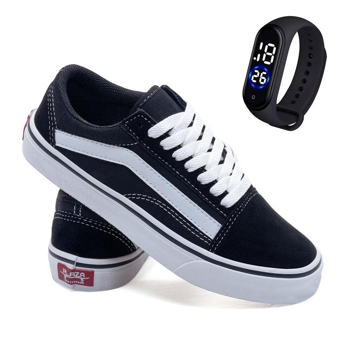 Tênis Old Skate Skool All Plaza Unissex + Relógio Digital - Preto+Branco Menor preço em Tênis Old Skate Skool All Plaza Unissex + Relógio Digital - Preto+Branco