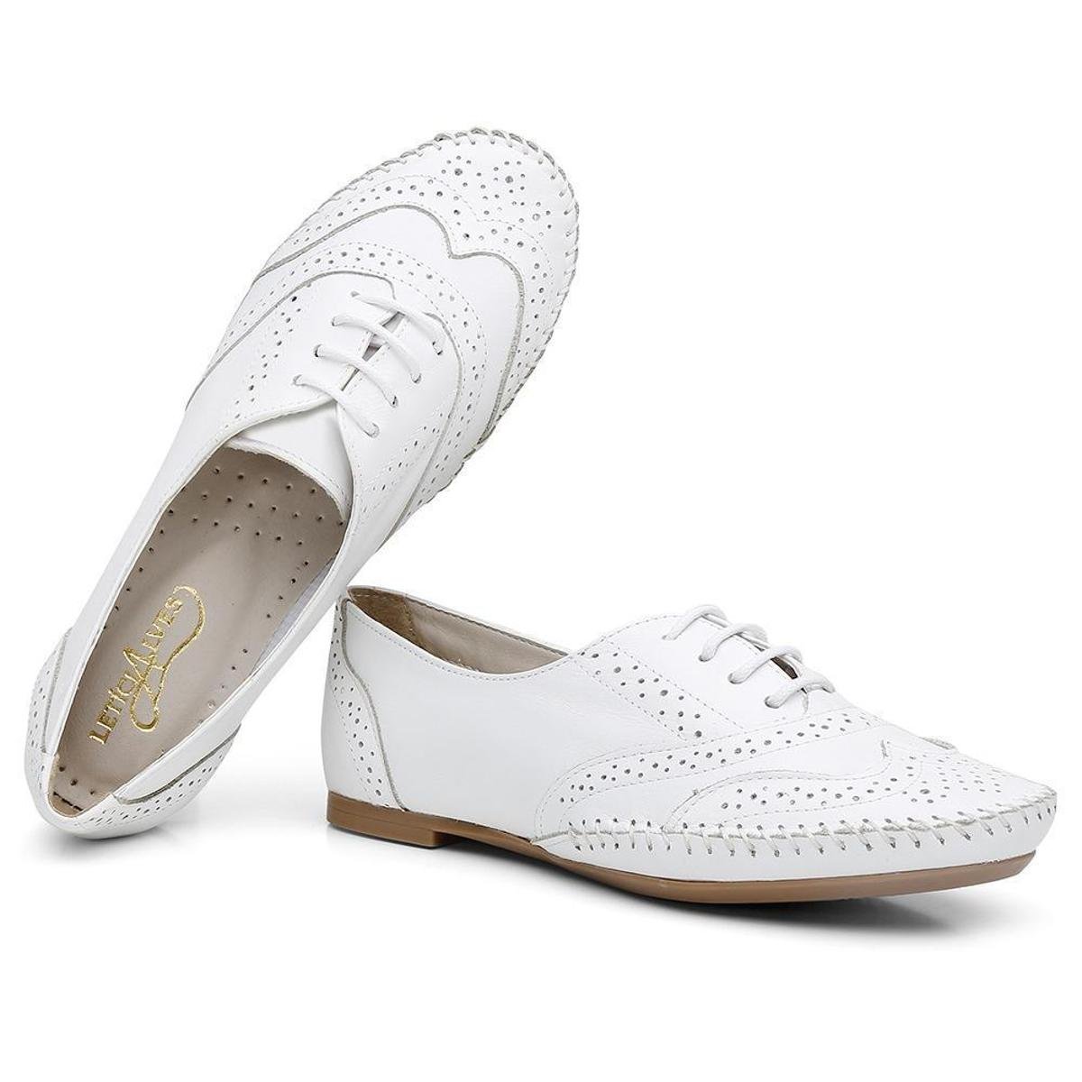Zattini Tenis Oxford Branco Feminino Tenis Oxford Feminino Couro Cadarço Texturizado Salto Baixo