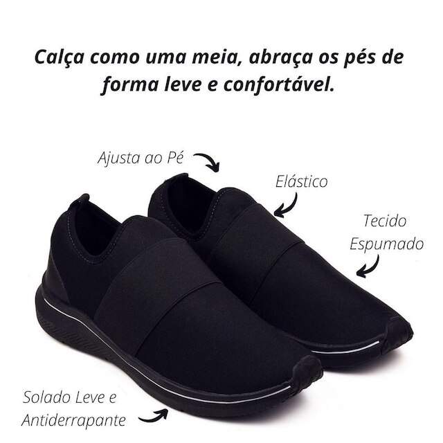 Tênis Preto Masculino Meia Confort Calce Fácil Leve Modar e Sliper On sem Cadarço