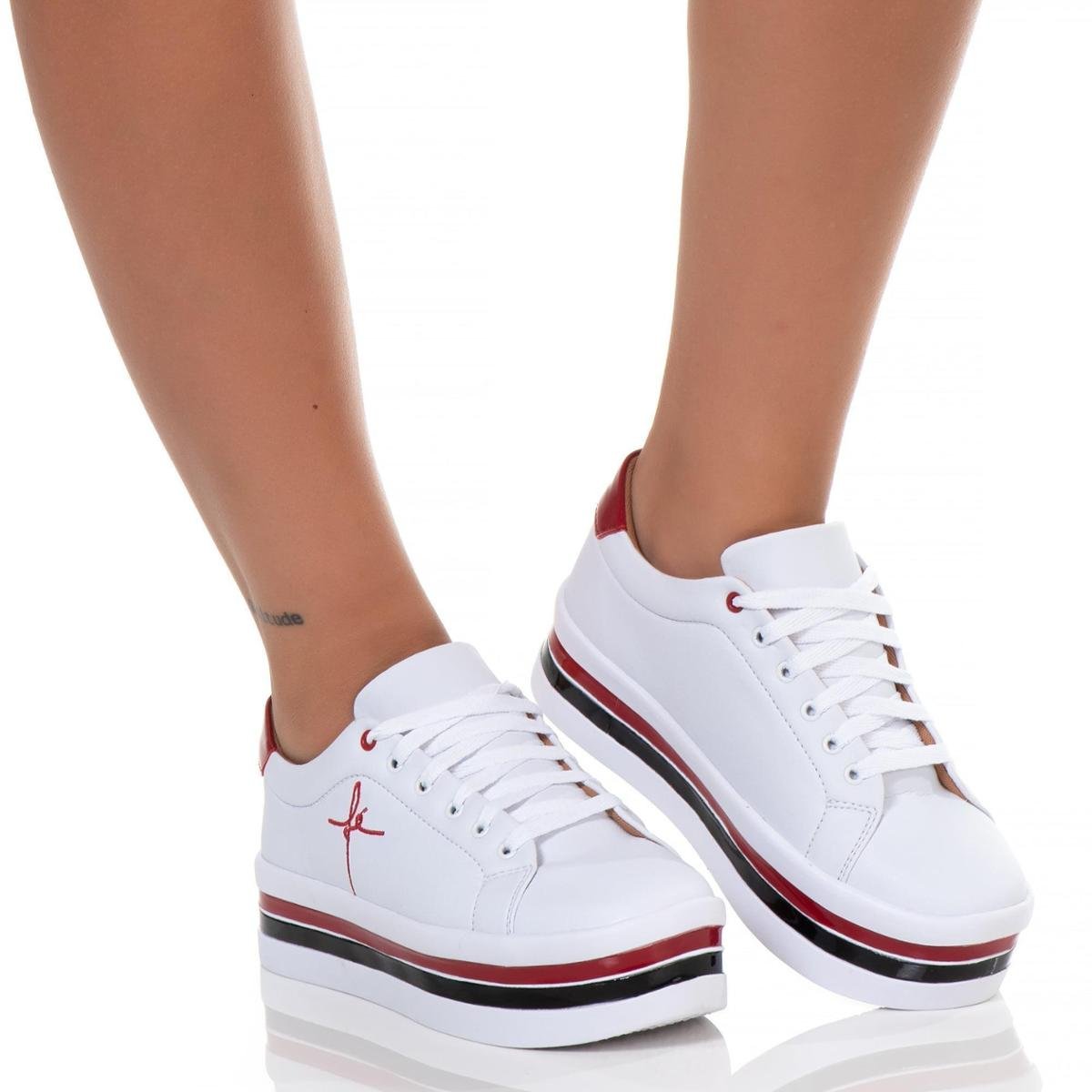 Tênis Salto Plataforma Bordado Fé Feminino - Branco+Vermelho | Zattini