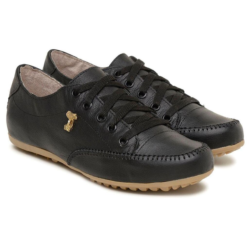 Tenis Sapatênis Casual Feminino em Couro com Cadarço e Detalhe em Costura