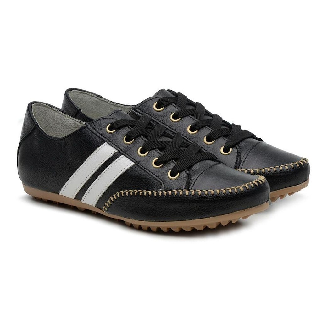 Tenis Sapatênis Casual Feminino em Couro com Cadarço e Detalhe em Litras