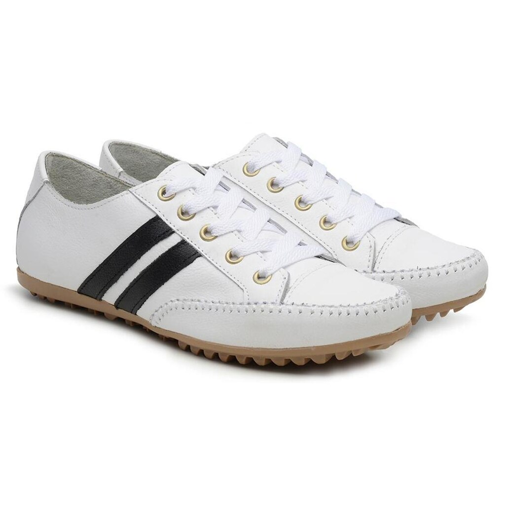 Tenis Sapatênis Casual Feminino em Couro com Cadarço e Detalhe em Litras