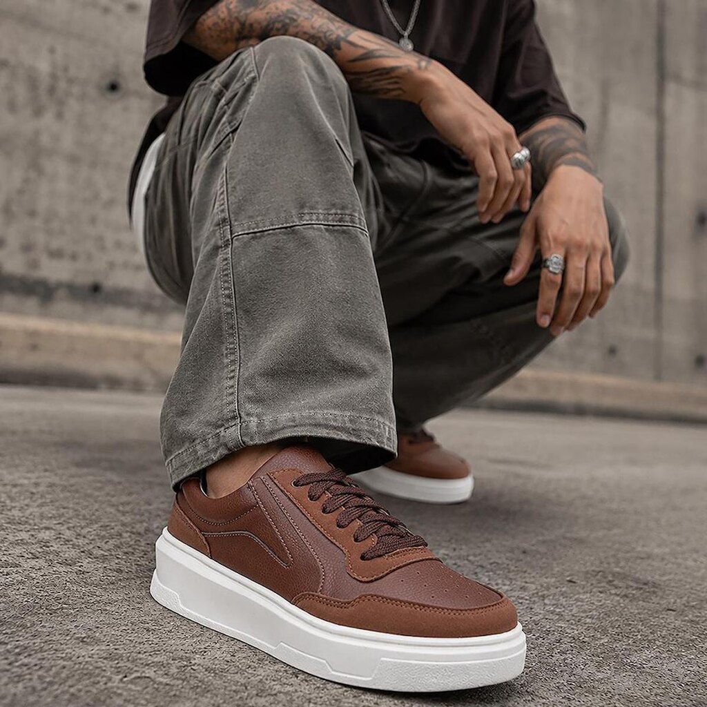 Tênis sapatênis Masculino Couro Sintético Premium Urbano Sola Reta Skatista Sneaker Street Marrom