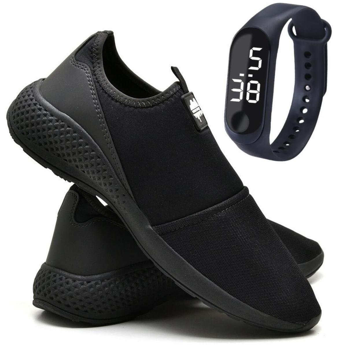 Tênis Sapatilha Caminhada Neoprene Leve Macia Confortável Academia Fitness + Relógio - Preto Menor preço em Tênis Sapatilha Caminhada Neoprene Leve Macia Confortável Academia Fitness + Relógio - Preto