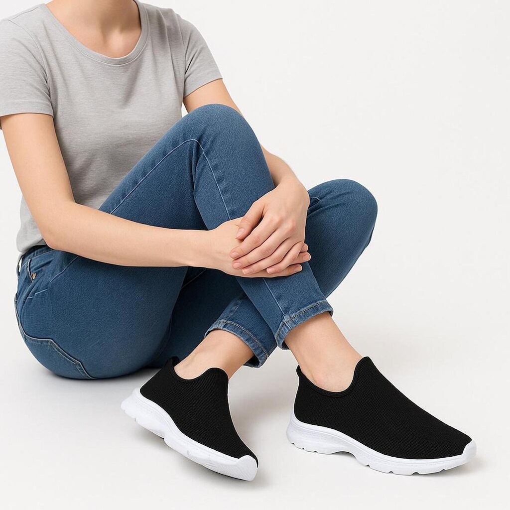 Tênis Sem Cadarço Feminino Caminhada Academia Casual Calce Facil Basico Confortavel Preto
