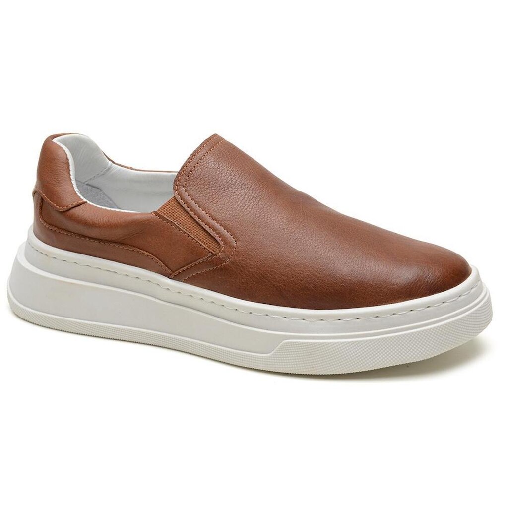 Tênis Slip Masculino Couro Sola Alta Branca Conforto Casual