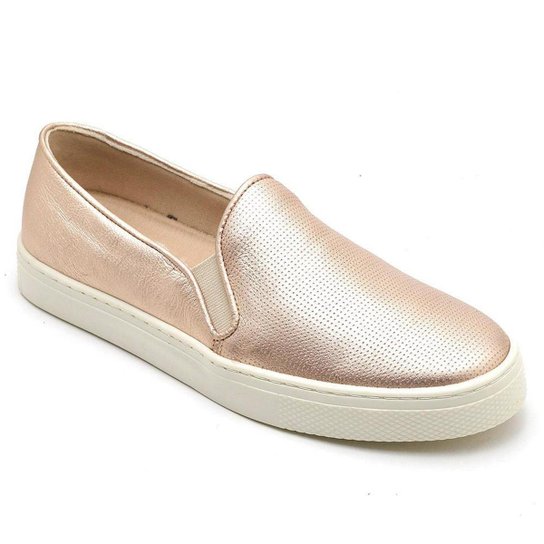 Tênis Slip On Casual Em Couro Sola Macia Feminino Costura Aparente