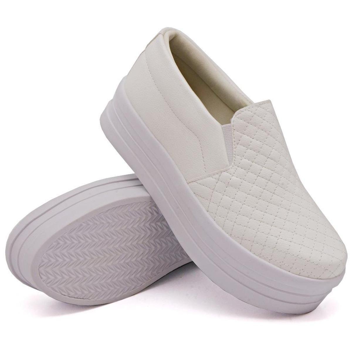 Tenis Slip On Casual Feminino com Textura Costura Matelasse e Sola Alta Reta - Branco Menor preço em Tenis Slip On Casual Feminino com Textura Costura Matelasse e Sola Alta Reta - Branco