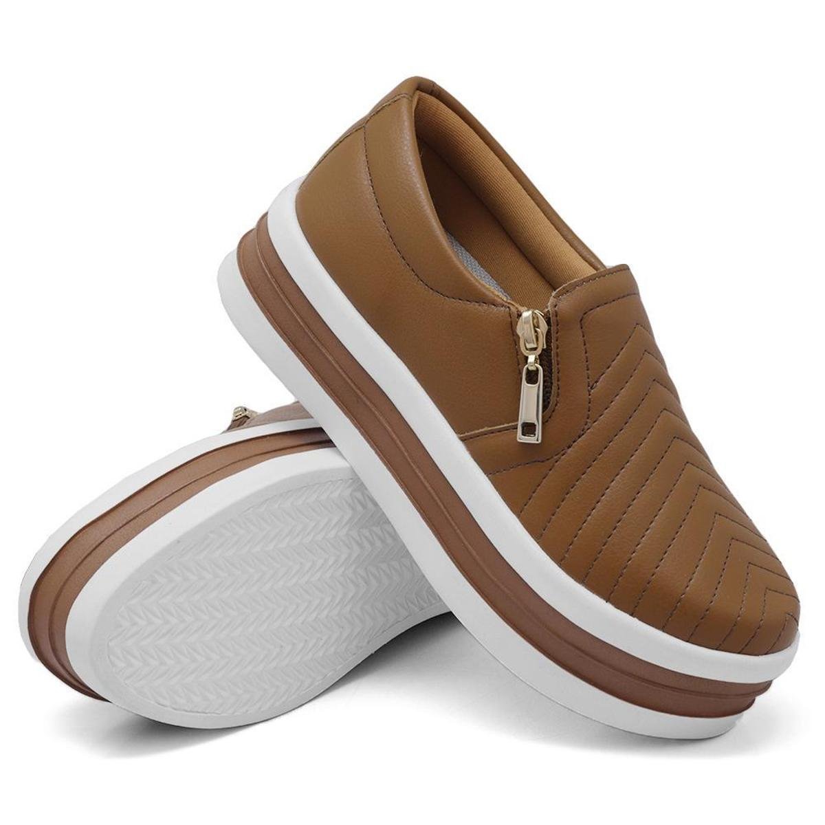 Tênis Slip On Casual Feminino com Ziper Lareral e Sola Borracha com Listras Menor preço em Tênis Slip On Casual Feminino com Ziper Lareral e Sola Borracha com Listras