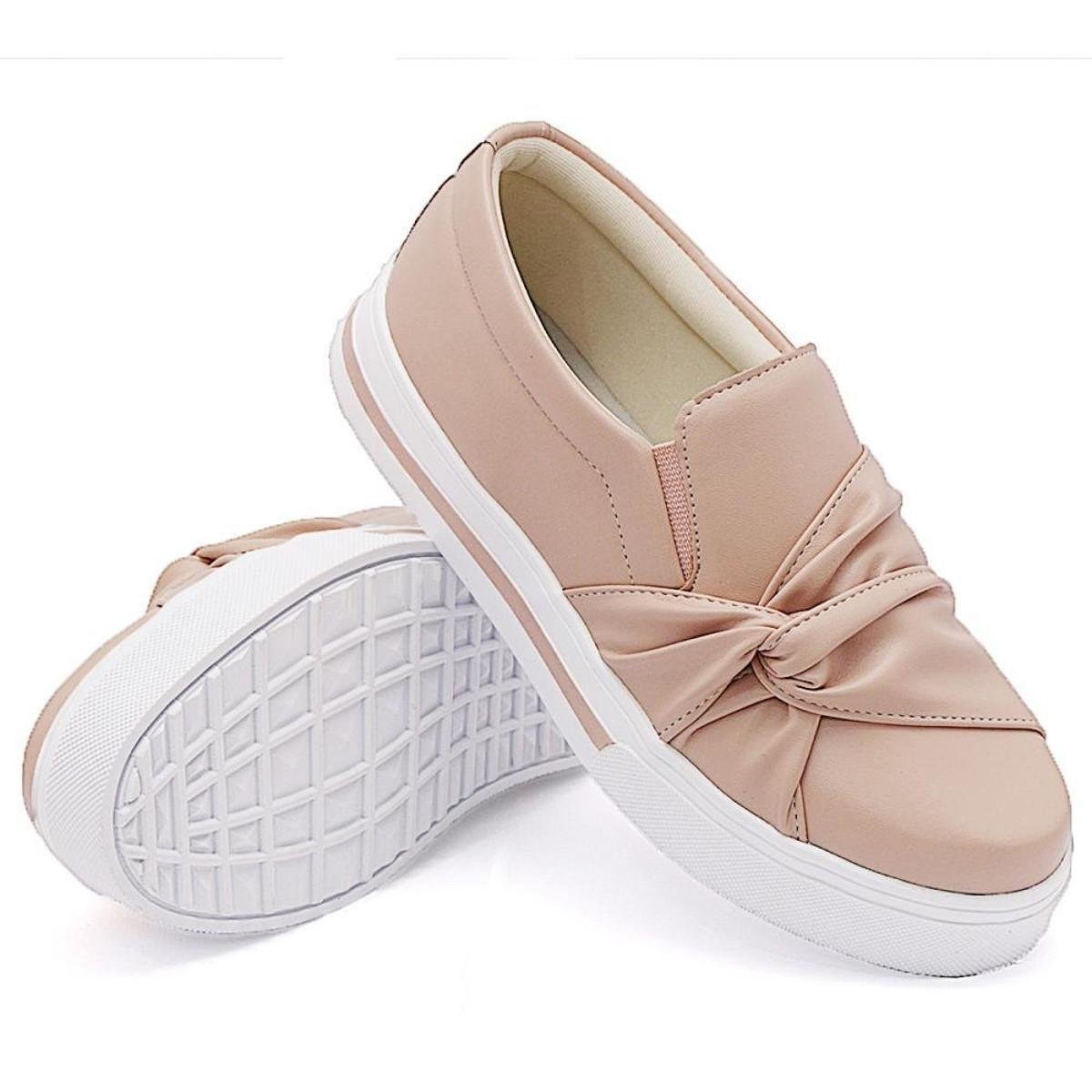 Tenis Slip On Casual Feminino Detalhe Tiras com Nó Lateral e Sola Alta Reta Menor preço em Tenis Slip On Casual Feminino Detalhe Tiras com Nó Lateral e Sola Alta Reta