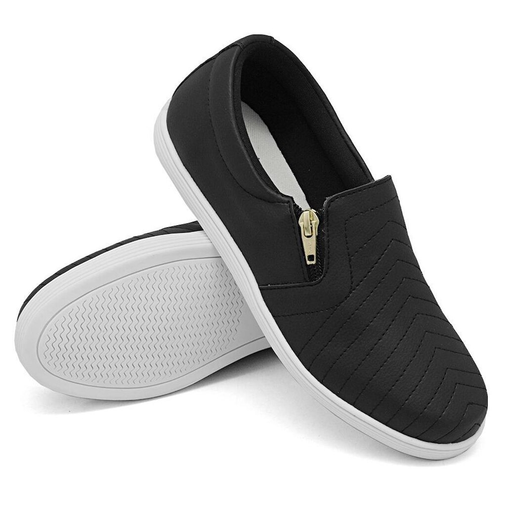 Tênis Slip On Feminino com Zíper Detalhe em Costura Frontal e Sola Reta