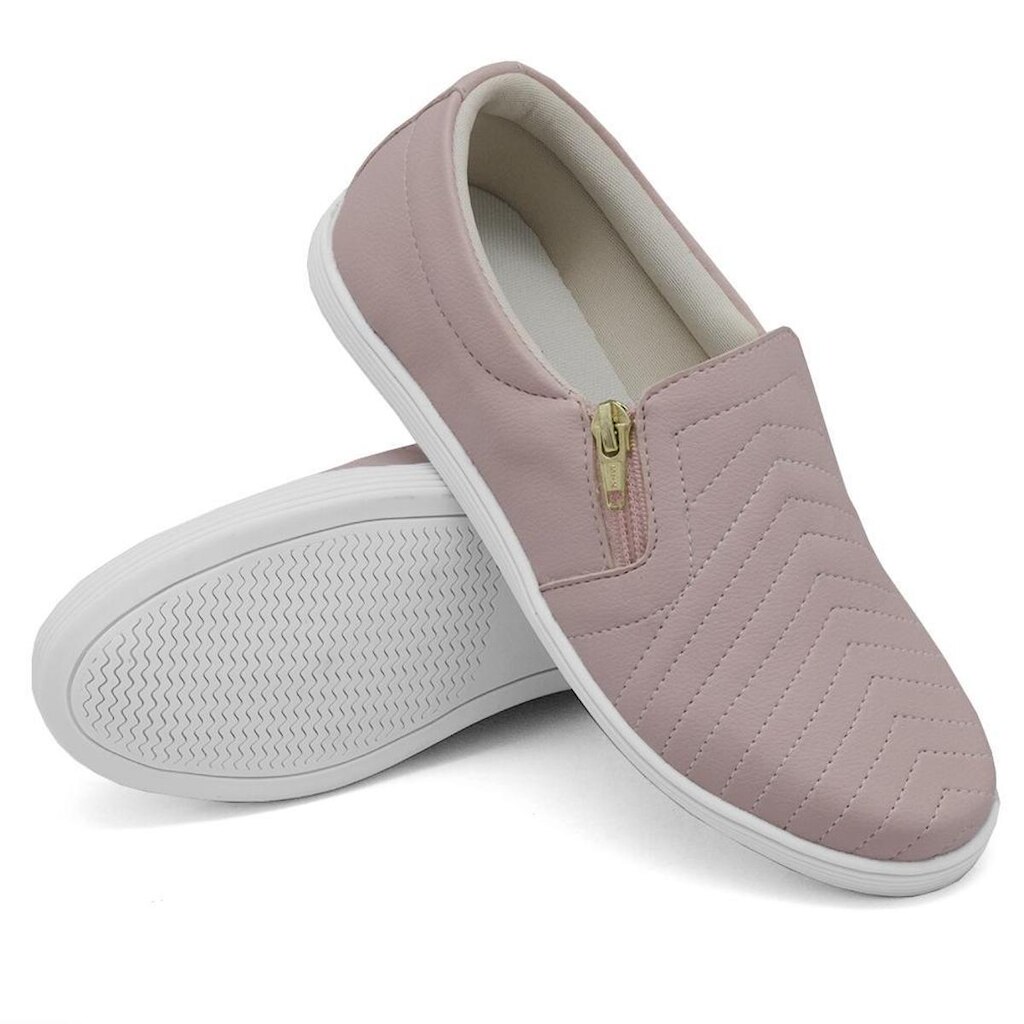 Tênis Slip On Feminino com Zíper Detalhe em Costura Frontal e Sola Reta