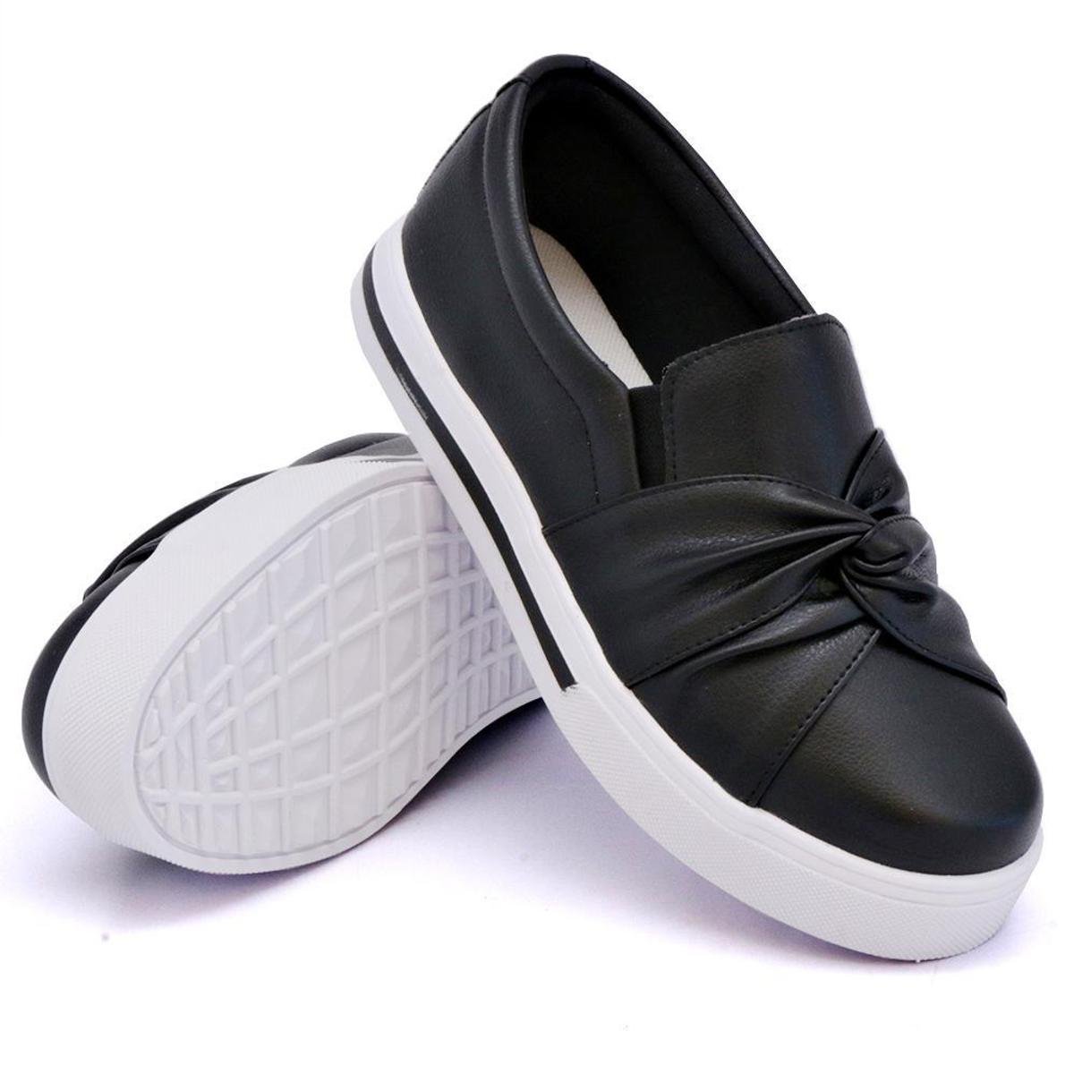 Tenis Slip On Feminino Detalhe Tiras com Nó e Elasticos Sola Alta Reta ...
