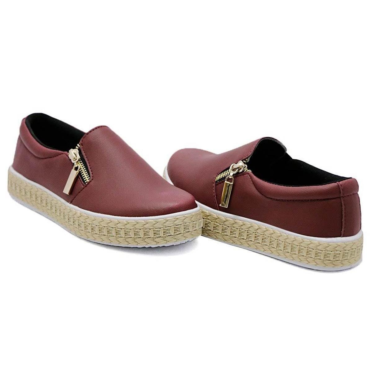 Tênis Slip On Feminino Liso com Zíper Lateral e Sola Reta em Sisal Menor preço em Tênis Slip On Feminino Liso com Zíper Lateral e Sola Reta em Sisal