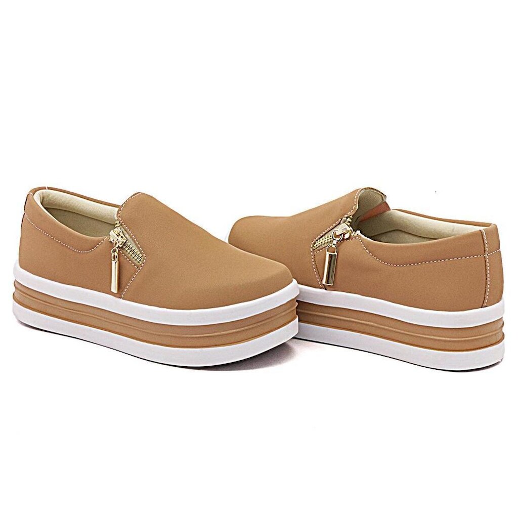 Tênis Slip On Liso com Zíper Lateral Feminino Solado Alto em Borracha