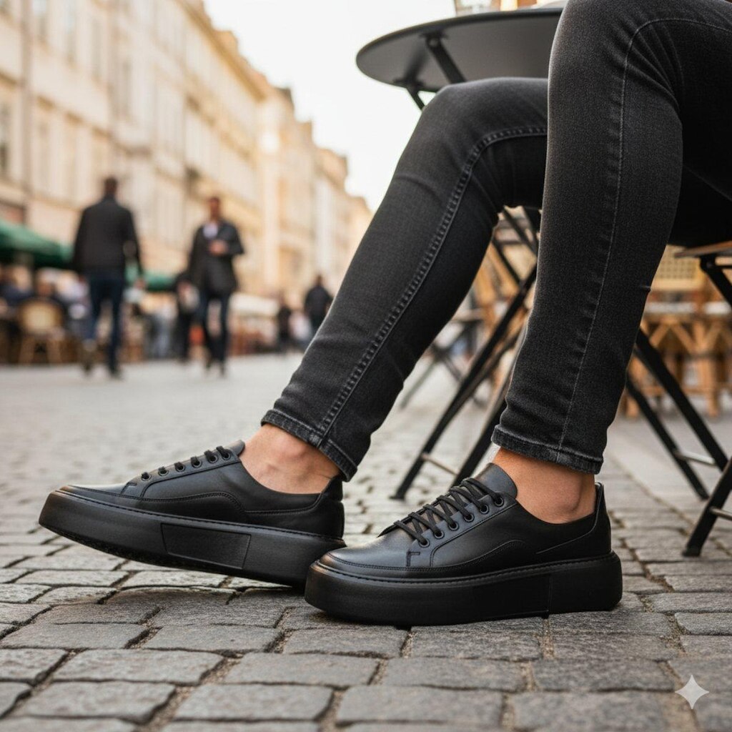 Tênis Sneaker Masculino Couro Legítimo Sola Alta Urbano