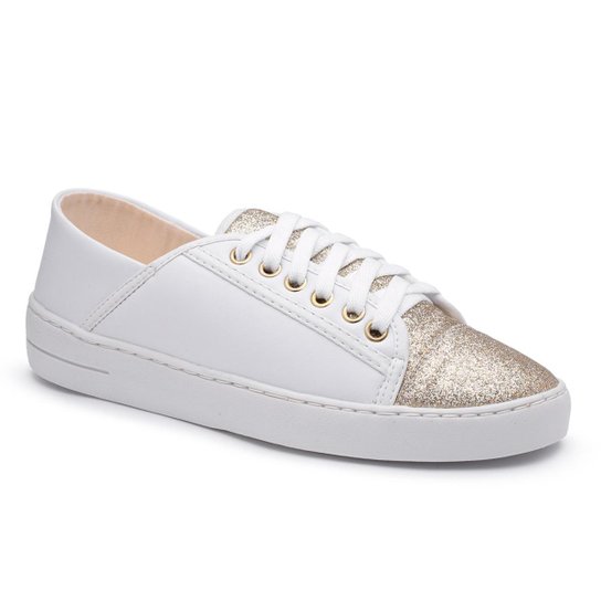 Tenis Top Franca Shoes Com Glitter Feminino - Branco+Cobre